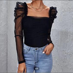 Square Neck Mesh Sleeve Top